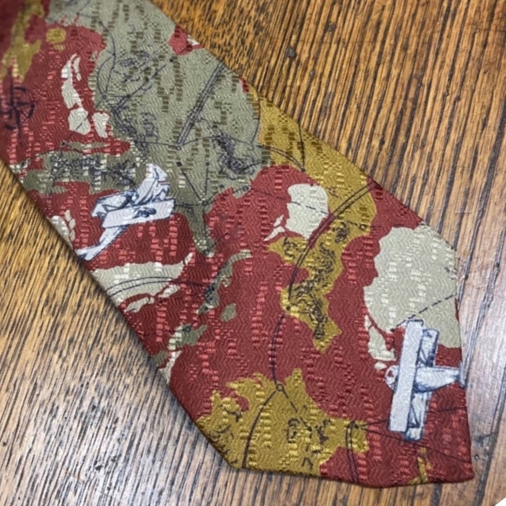 Chaps Ralph Lauren Mens Silk Tie Vintage Airplane World Map Burgundy Olive Gold